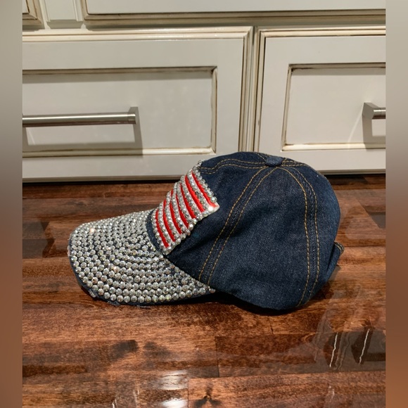 PATRIOTIC BLING WITH AMERICAN FLAG PATCH HAT BALL CAP ADJUSTABLE BLUE DENIM - Picture 6 of 7